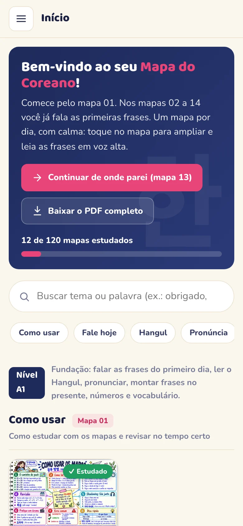 Plataforma do Mapa do Coreano aberta no celular